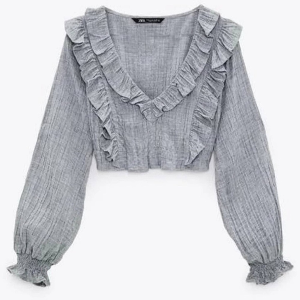 Zara Cropped Ruffled Top Gray Size Small